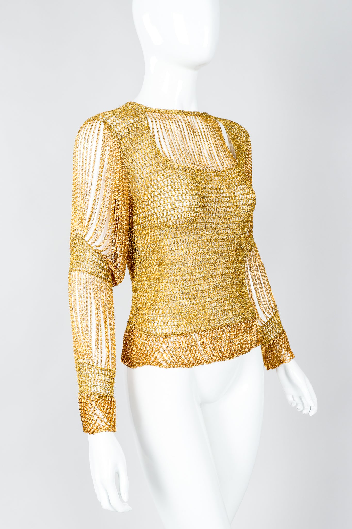 Vintage Loris Azzaro Rare Gold Draped Chain Juliet Sleeve Top on mannequin, cropped at Recess