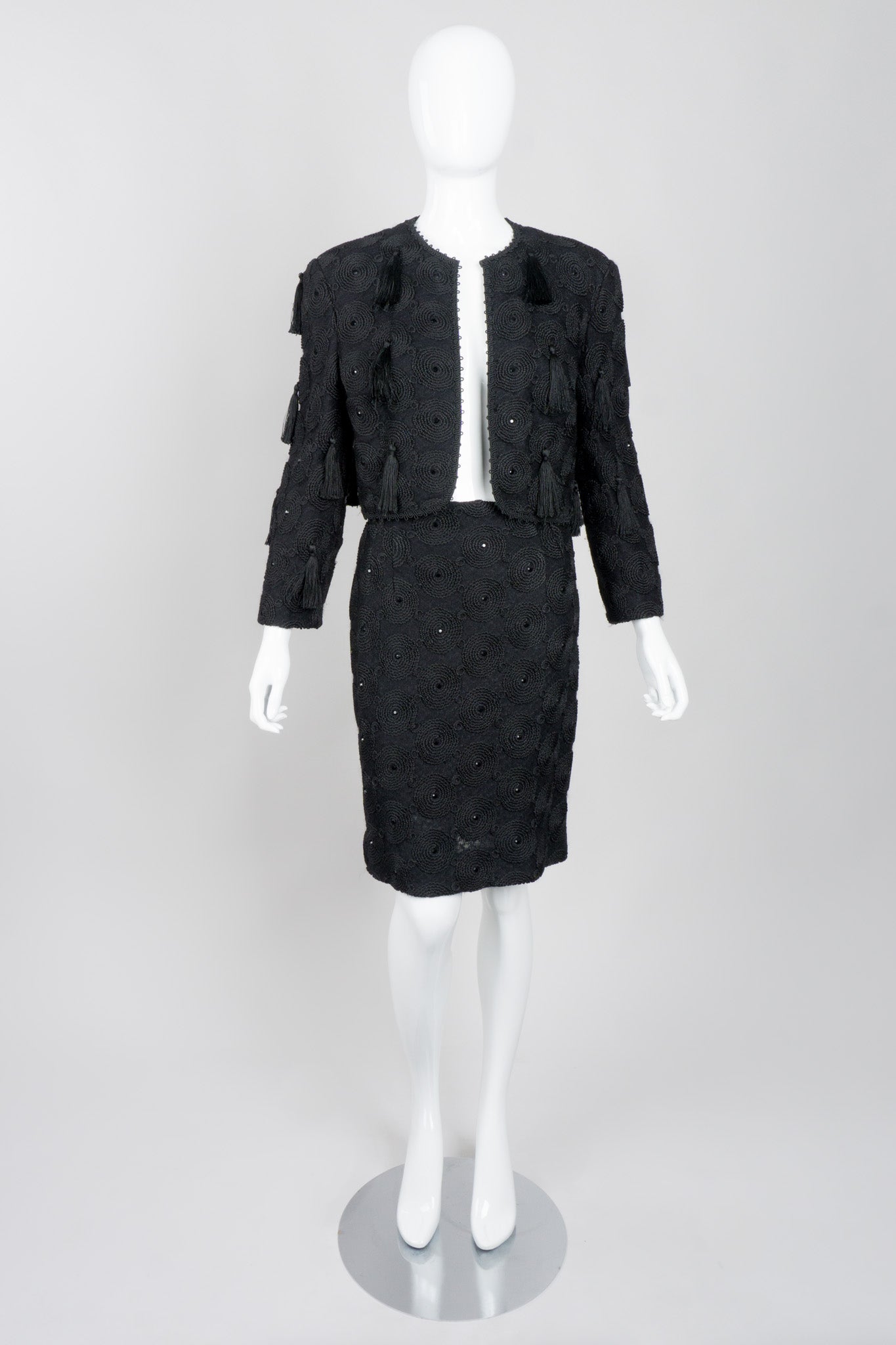 Louis Féraud Vintage Textured Tassel Skirt & Jacket Set