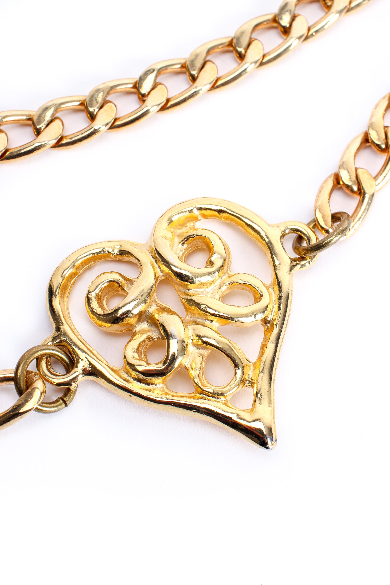Vintage Louis Feraud Asymmetrical Draped Heart Logo Chain Belt heart detail at Recess Los Angeles