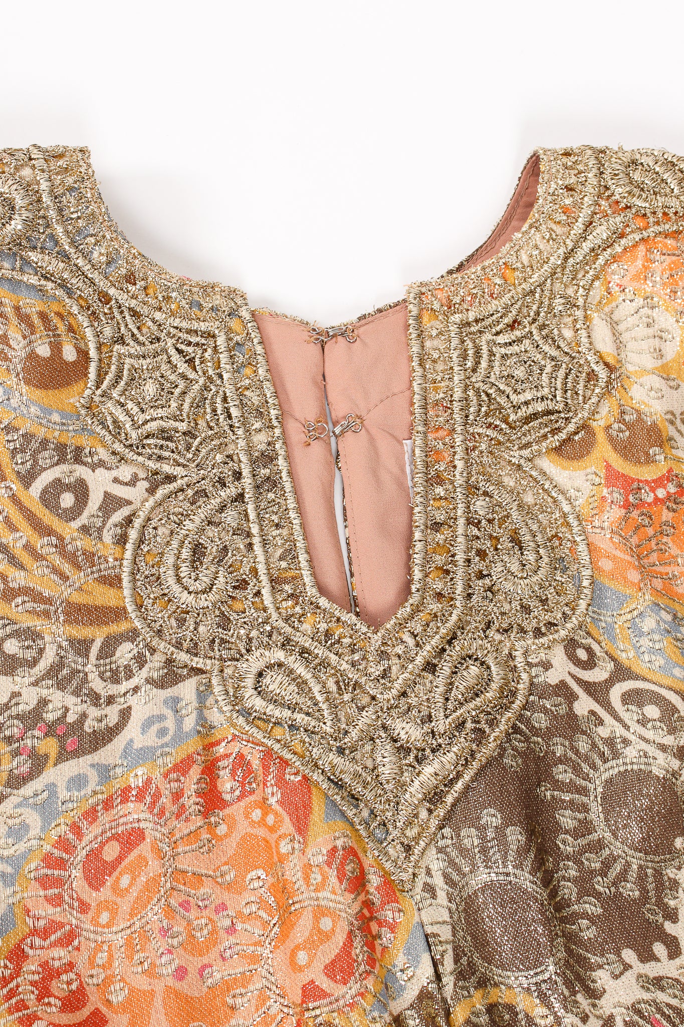 Vintage Lucie Ann Metallic Brocade Lamé Caftan neckline appliqué at Recess Los Angeles