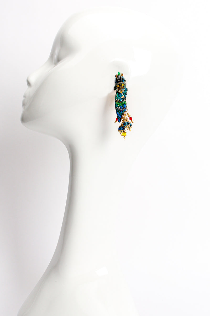 Vintage Lunch At The Ritz LATR Macaw Parrot Bead Dangle Earrings on mannequin at Recess Los Angeles