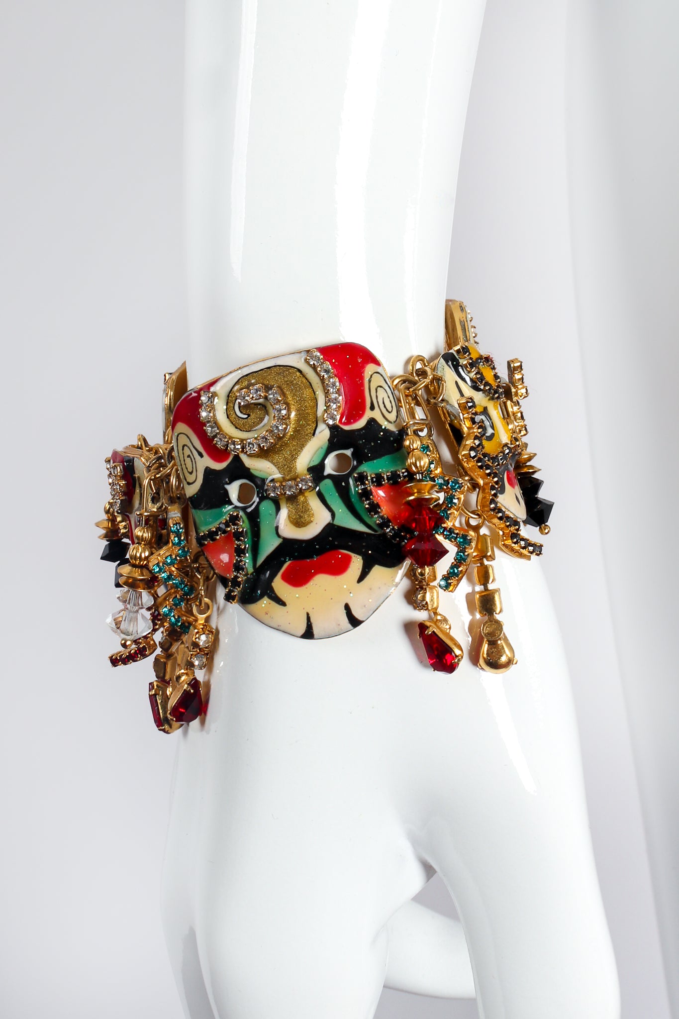 Vintage Lunch At The Ritz Japanese Kabuki Mask Plate Charm Bracelet on mannequin at Recess LA