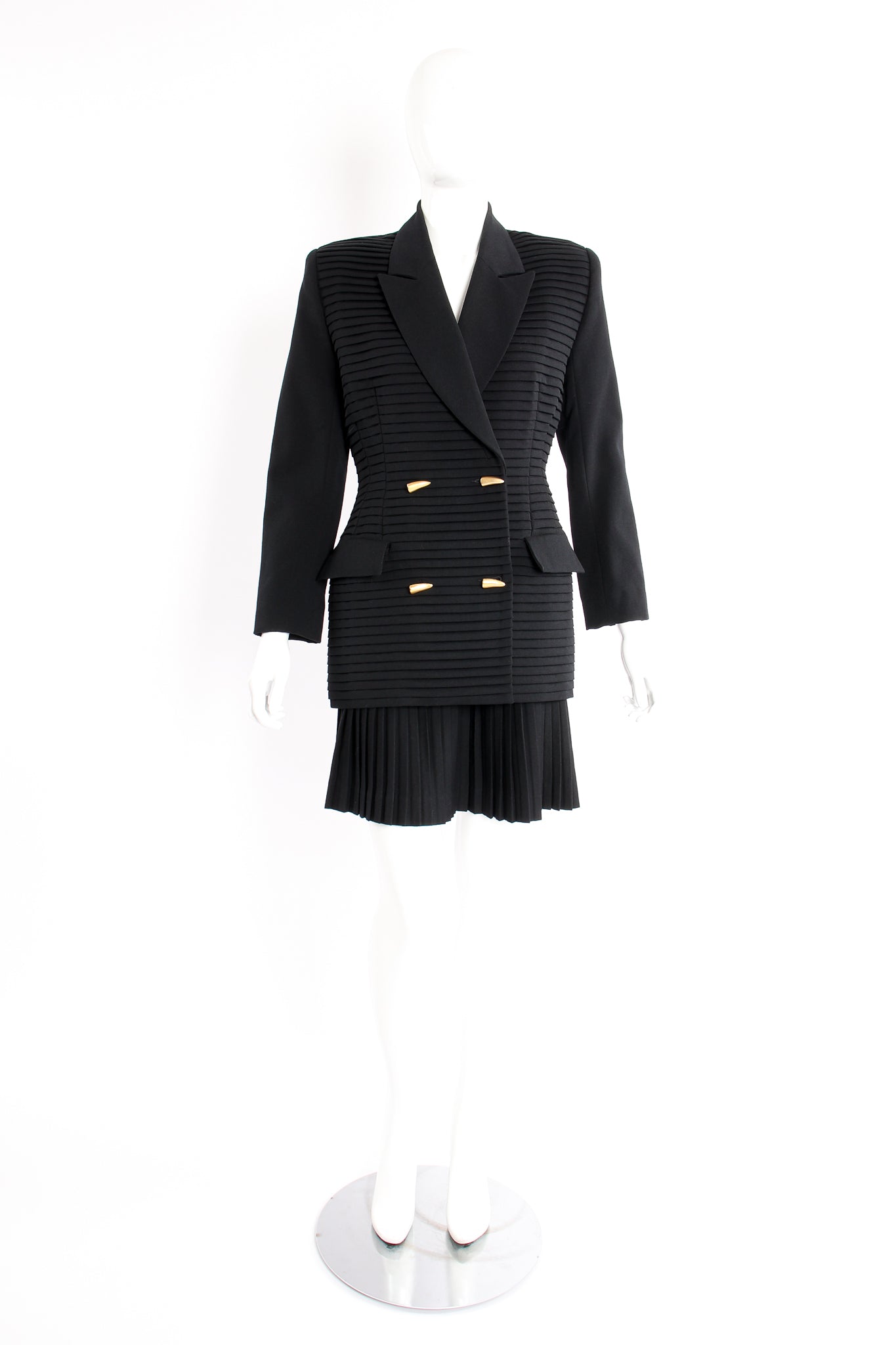 Vintage M.Yoko Pleated Tuck Jacket & Skirt Suit on Mannequin front at Recess Los Angeles