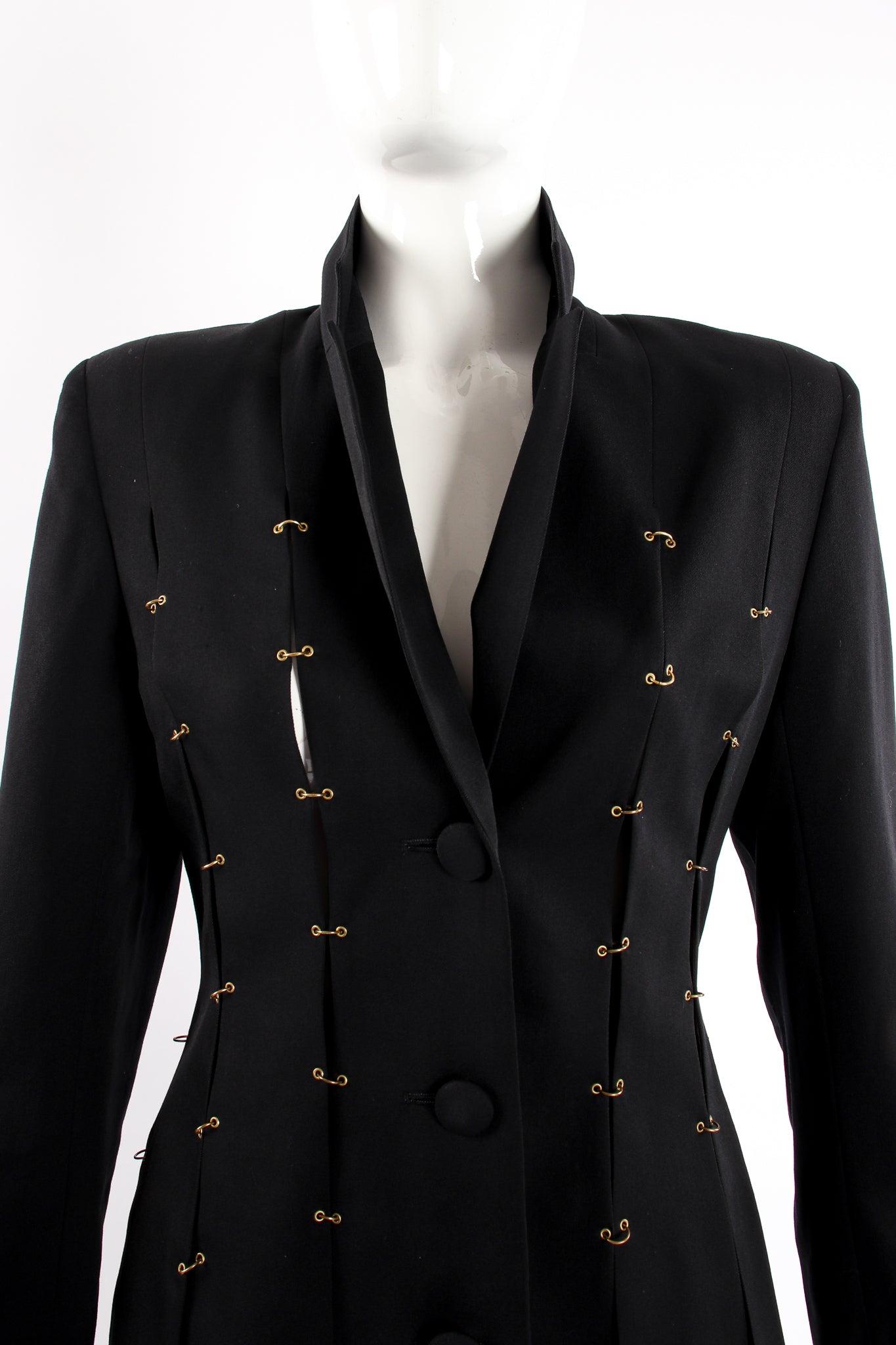 Vintage M.Yoko Pierced Ring Carwash Skirt Suit on Mannequin pop collar at Recess Los Angeles