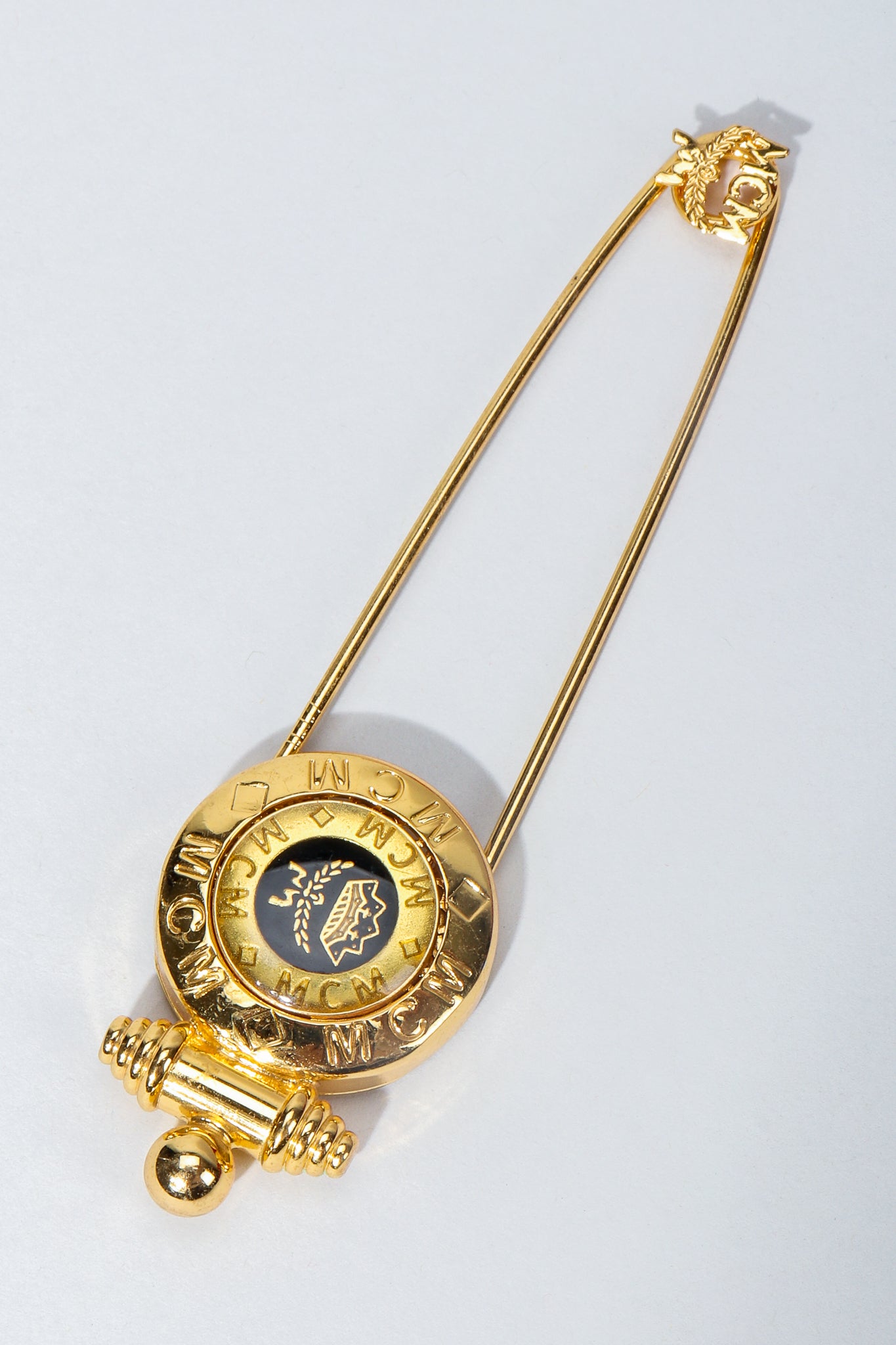 Vintage MCM Gold Logo Safety Pin Brooch at Recess Los Angeles, Closed