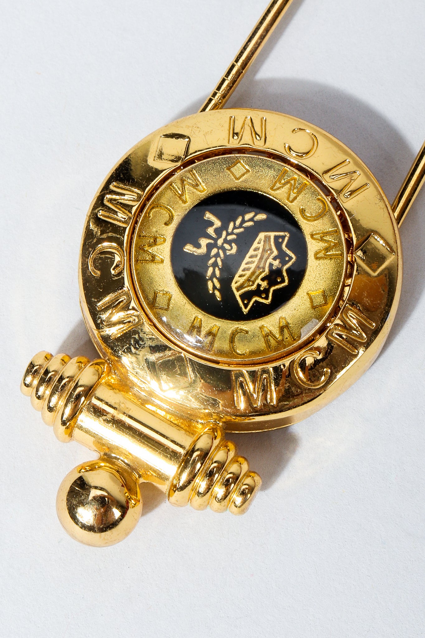 Vintage MCM Gold Resin Logo Safety Pin Brooch Detail