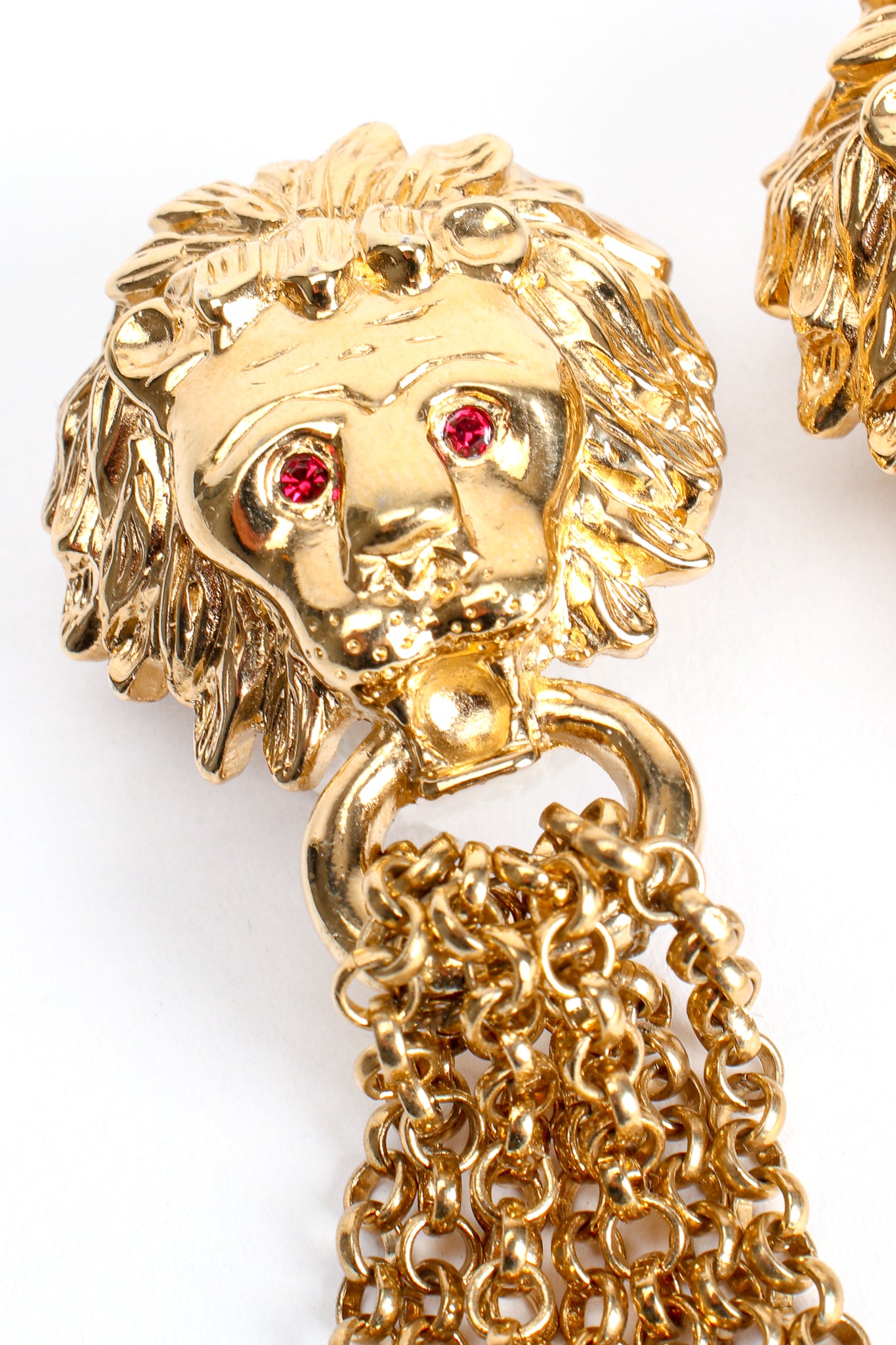 Vintage MV Vellano Gold Lion Chain Tassel Earrings jeweled eyes at Recess Los Angeles