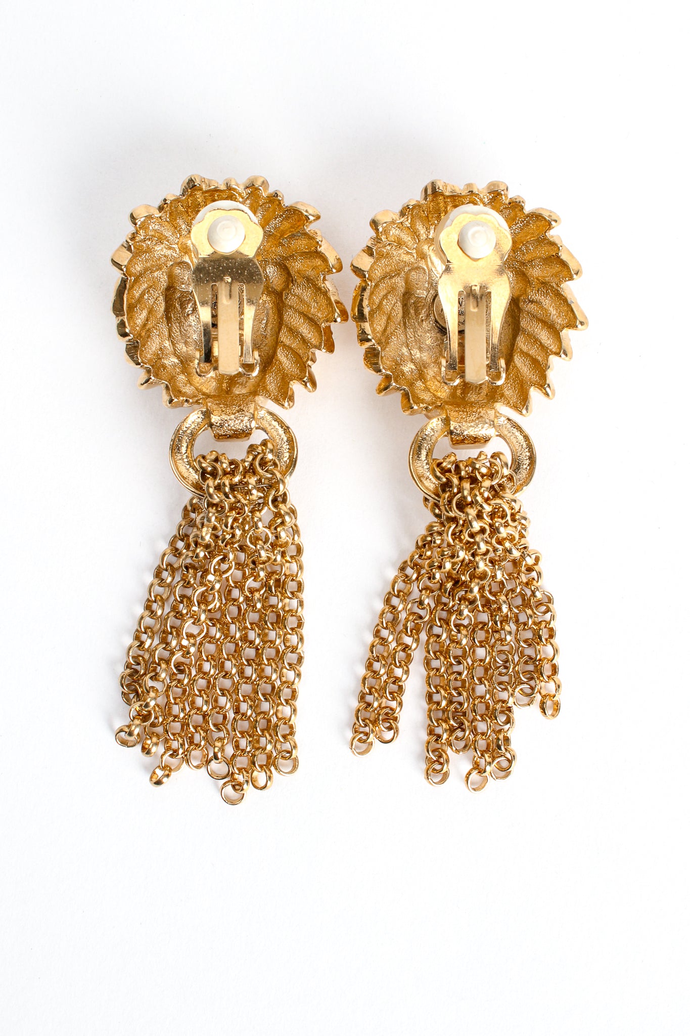 Vintage MV Vellano Gold Lion Chain Tassel Earrings backside at Recess Los Angeles