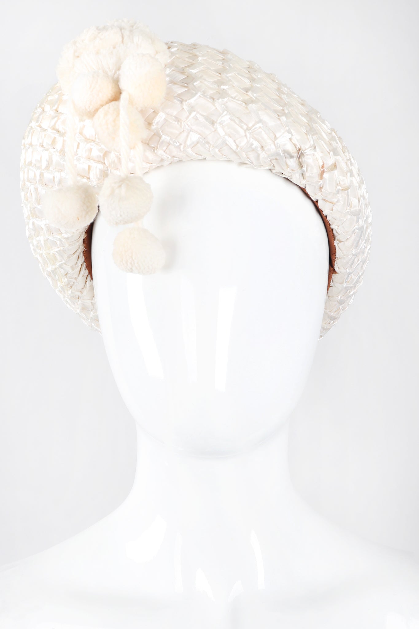 Recess Los Angeles Designer Consignment Vintage Mabelle Parks Millinery Woven Raffia Net Pom Pom Wedding Bridal Hat