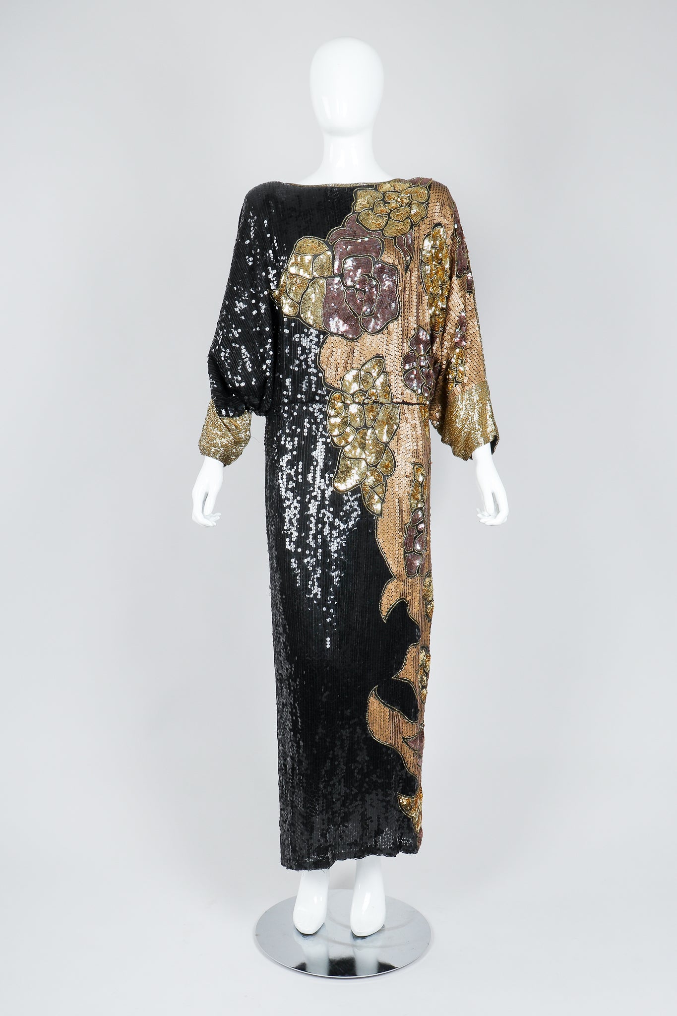 Recess Vintage Black Gold Asymmetrical Sequin Batwing Dress on Mannequin, front