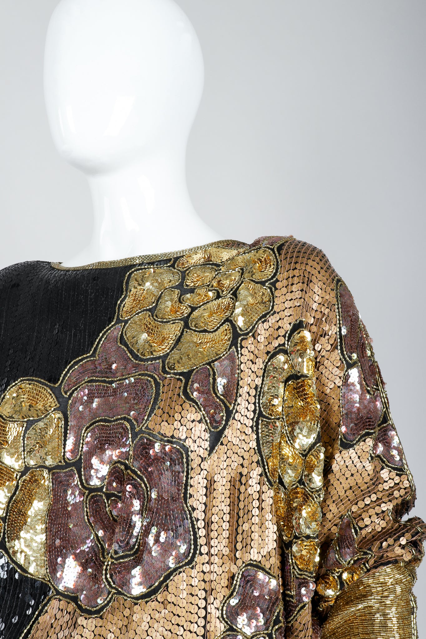 Recess Vintage Black Gold Asymmetrical Sequin Batwing Dress on Mannequin, beading detail