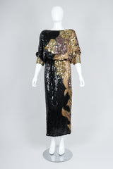 Recess Vintage Black Gold Asymmetrical Sequin Batwing Dress on Mannequin, front