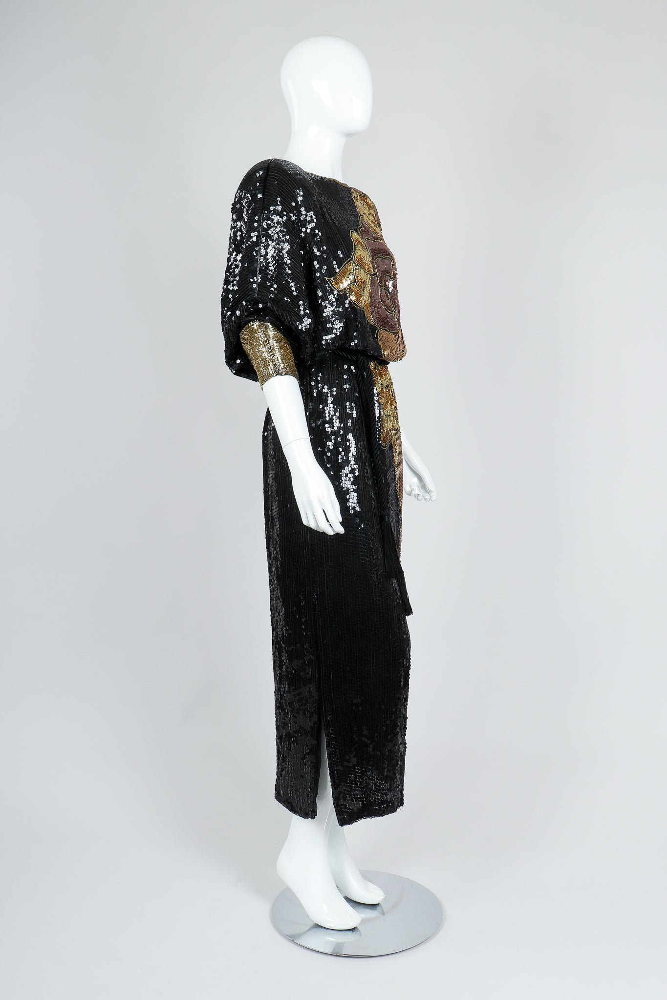 Recess Vintage Black Gold Asymmetrical Sequin Batwing Dress on Mannequin, angled