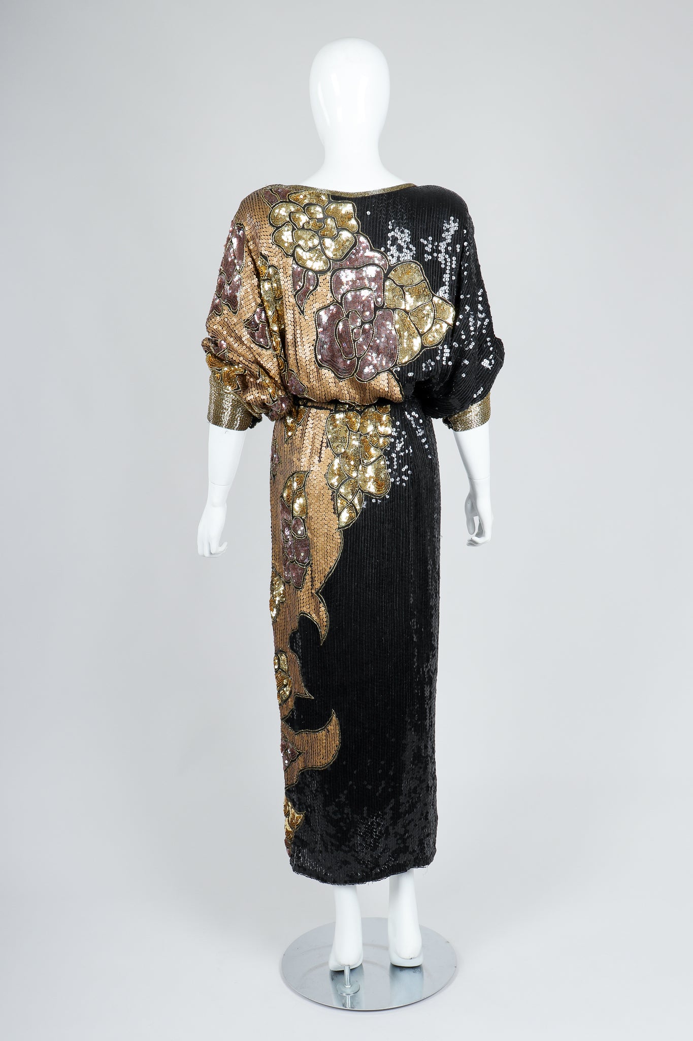 Recess Vintage Black Gold Asymmetrical Sequin Batwing Dress on Mannequin, back