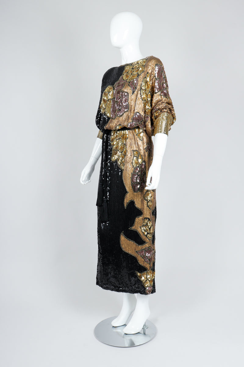 Recess Vintage Black Gold Asymmetrical Sequin Batwing Dress on Mannequin, side