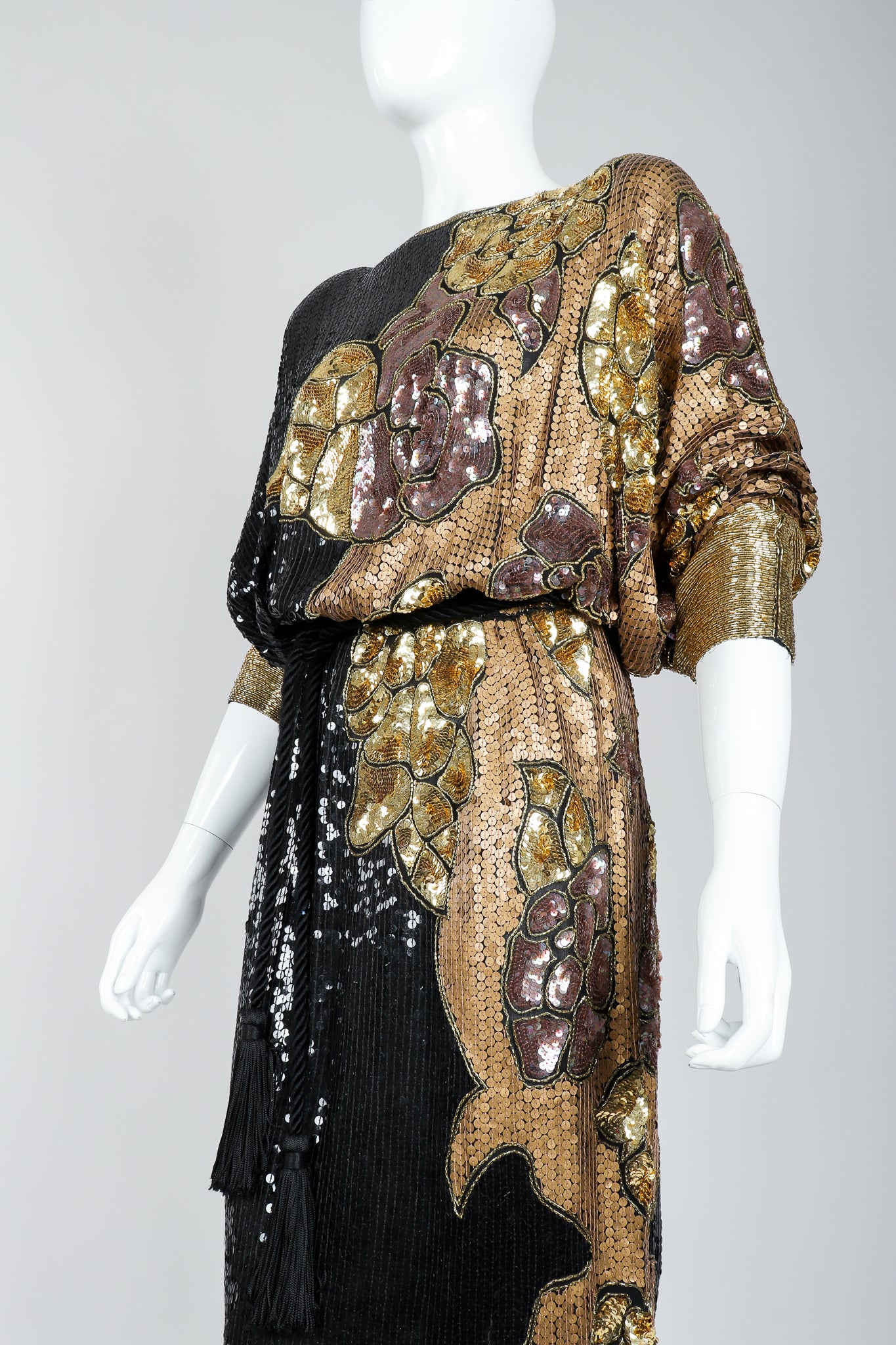Recess Vintage Black Gold Asymmetrical Sequin Batwing Dress on Mannequin, bust