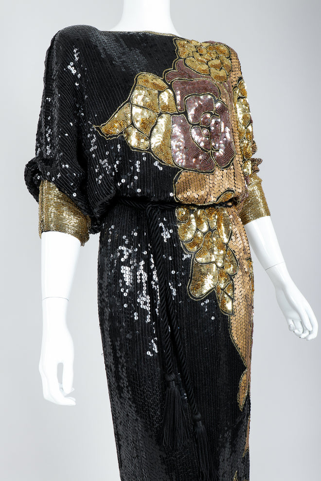 Recess Vintage Black Gold Asymmetrical Sequin Batwing Dress on Mannequin, close up