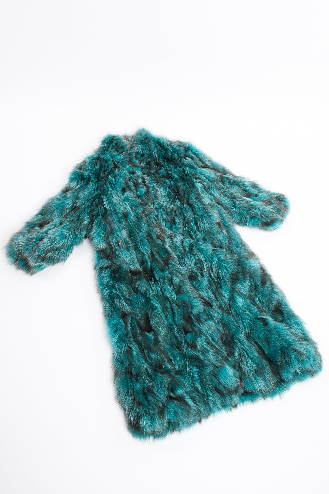 Vintage Made In Greece Teal Long Fox Fur Coat flat at Recess Los Angeles