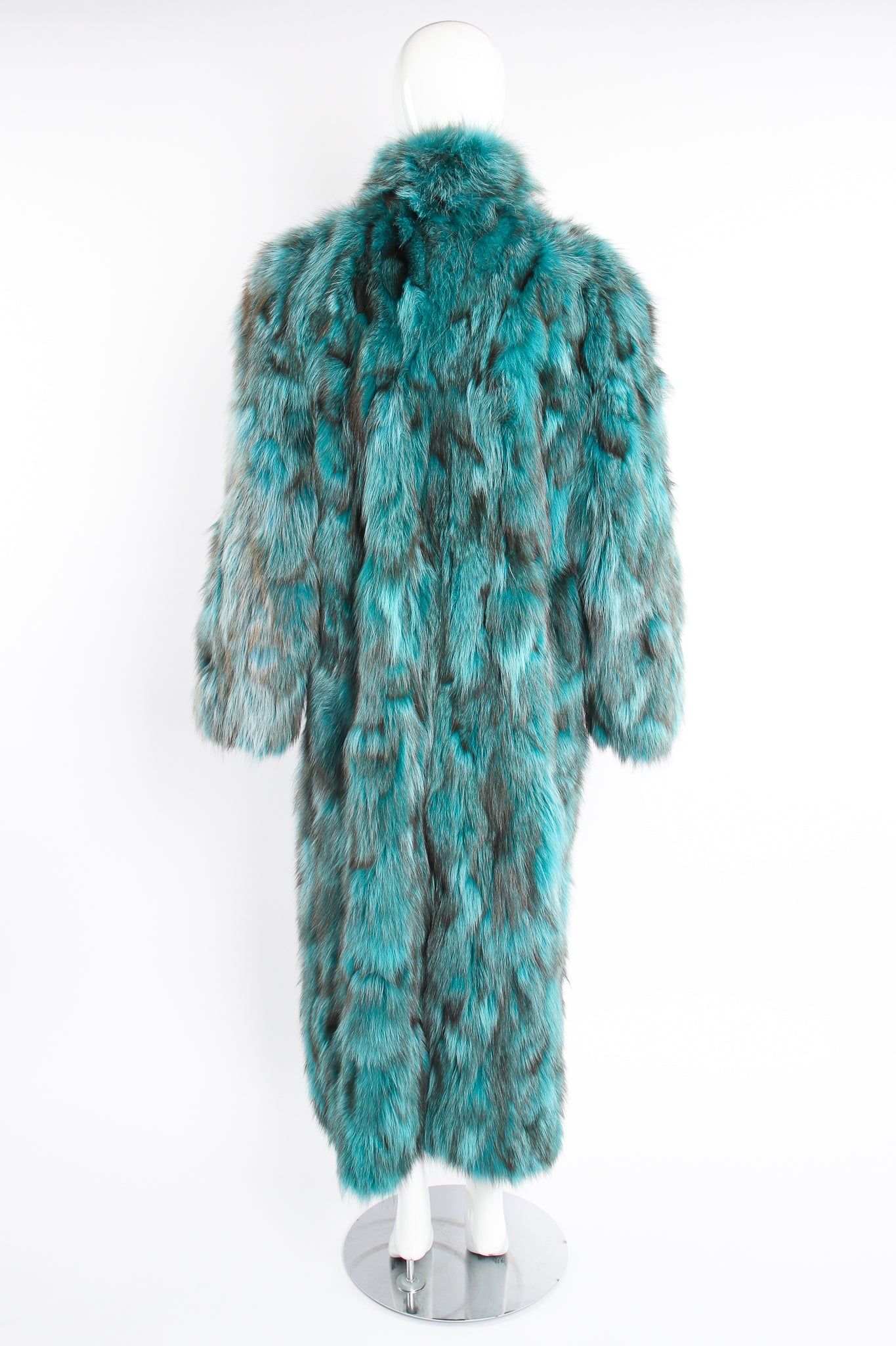 Vintage Made In Greece Teal Long Fox Fur Coat on Mannequin back at Recess Los Angeles