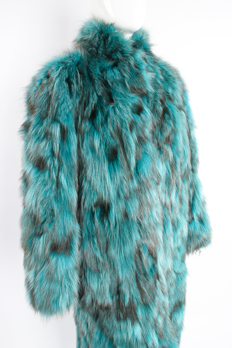 Vintage Made In Greece Teal Long Fox Fur Coat on Mannequin crop at Recess Los Angeles