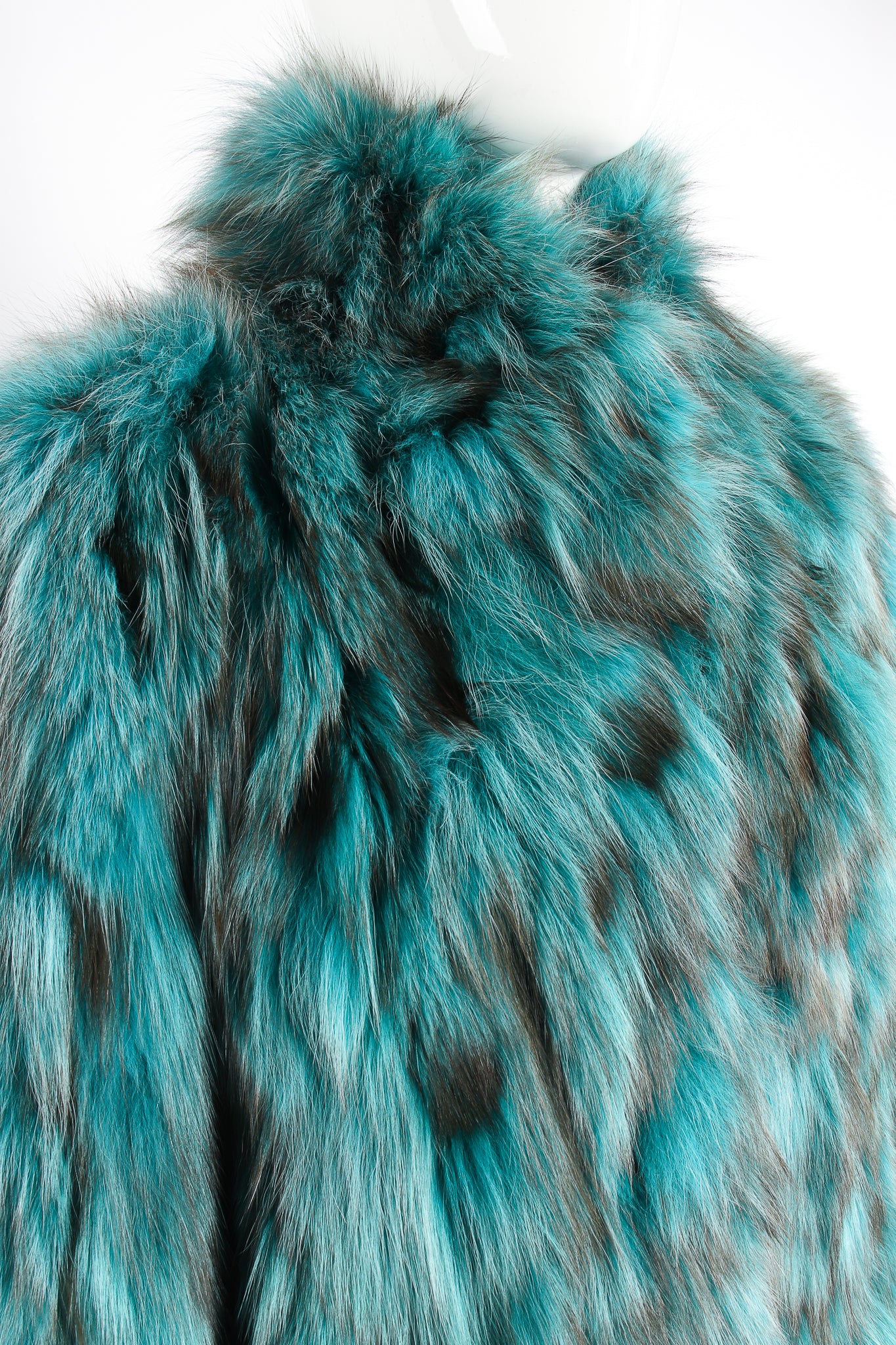 Vintage Made In Greece Teal Long Fox Fur Coat on Mannequin neckline at Recess Los Angeles