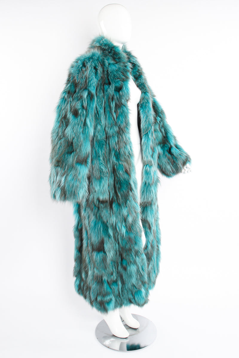 Vintage Made In Greece Teal Long Fox Fur Coat on Mannequin side at Recess Los Angeles