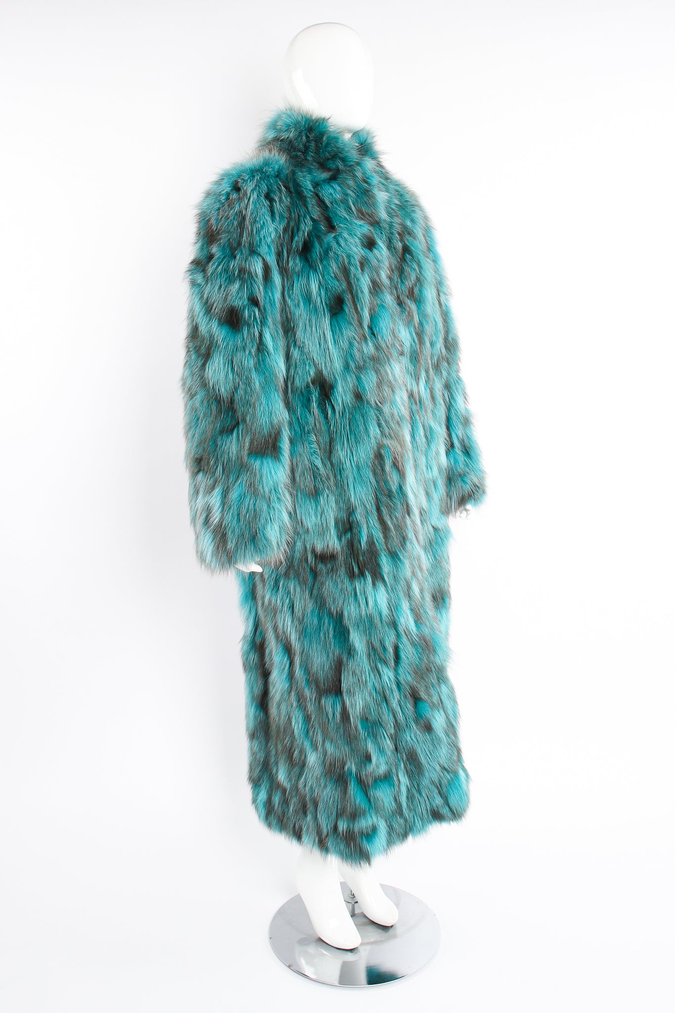 Vintage Made In Greece Teal Long Fox Fur Coat on Mannequin angle at Recess Los Angeles