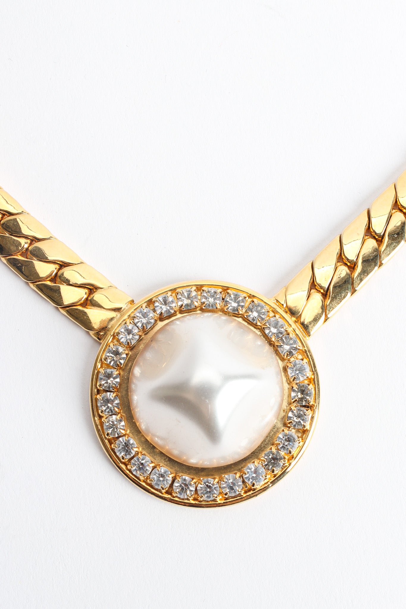 Vintage Unsigned Pearl Rhinestone Pendant Necklace pendant close @ Recess LA