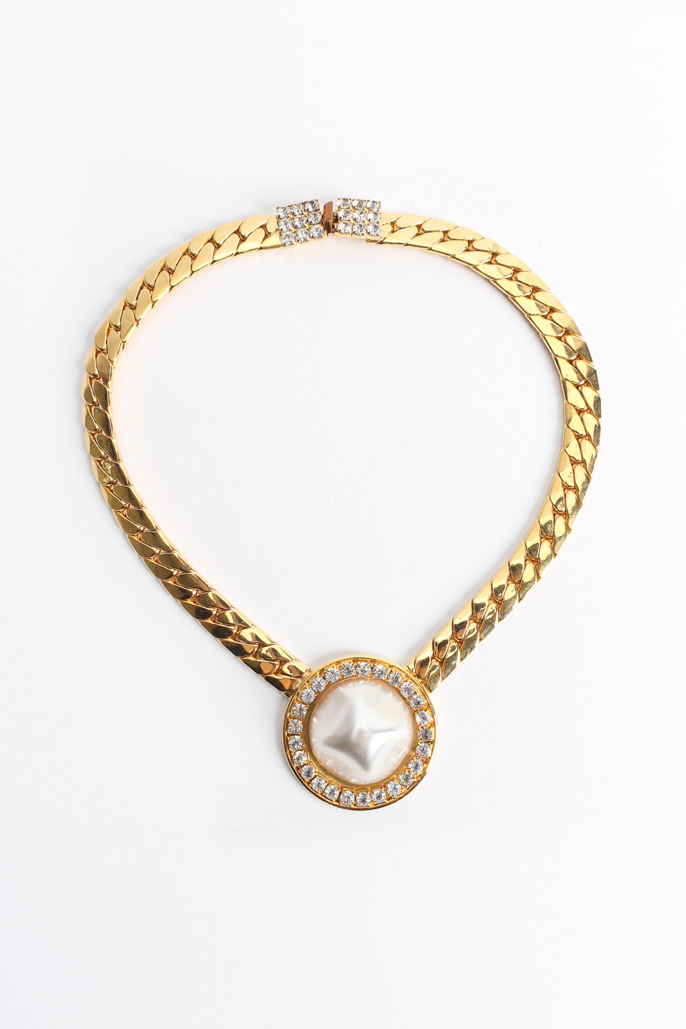 Vintage Unsigned Pearl Rhinestone Pendant Necklace front @ Recess LA