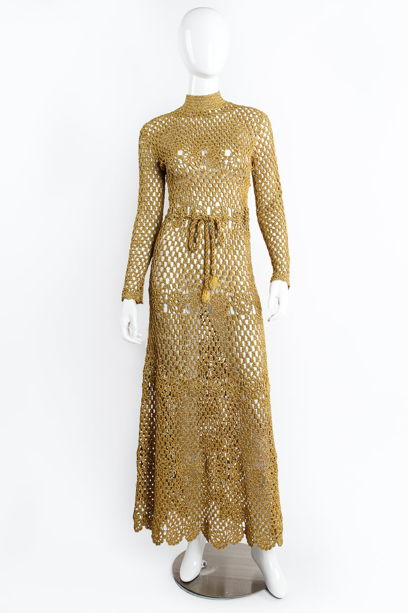 Vintage Mady Gerrard Metallic Gold Crochet Net Dress on Mannequin front at Recess Los Angeles
