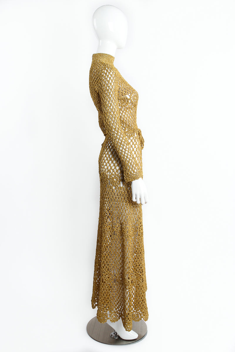 Vintage Mady Gerrard Metallic Gold Crochet Net Dress on Mannequin side at Recess Los Angeles