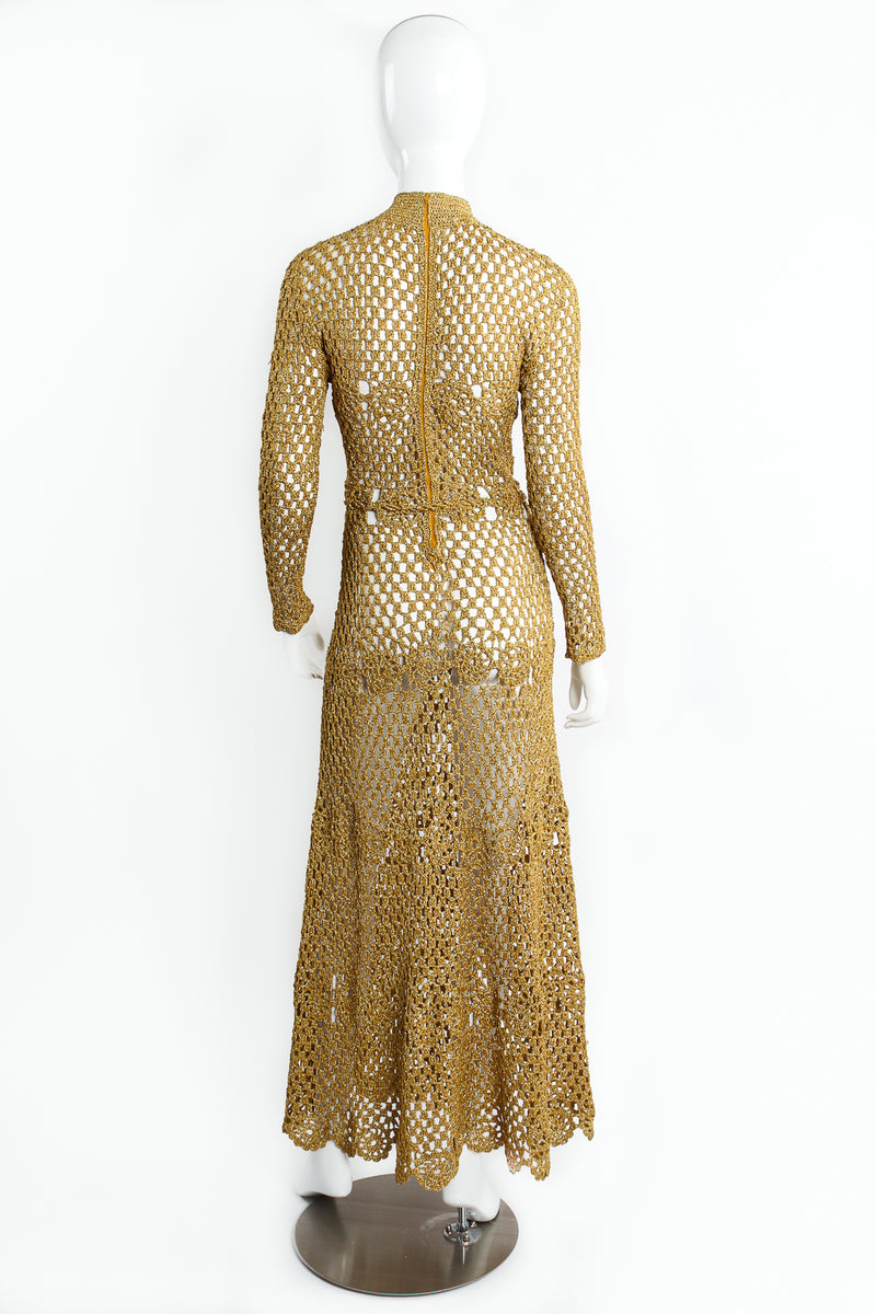 Vintage Mady Gerrard Metallic Gold Crochet Net Dress on Mannequin back at Recess Los Angeles