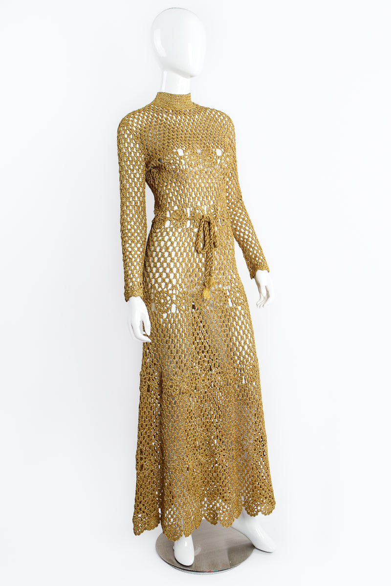 Vintage Mady Gerrard Metallic Gold Crochet Net Dress on Mannequin angle at Recess Los Angeles