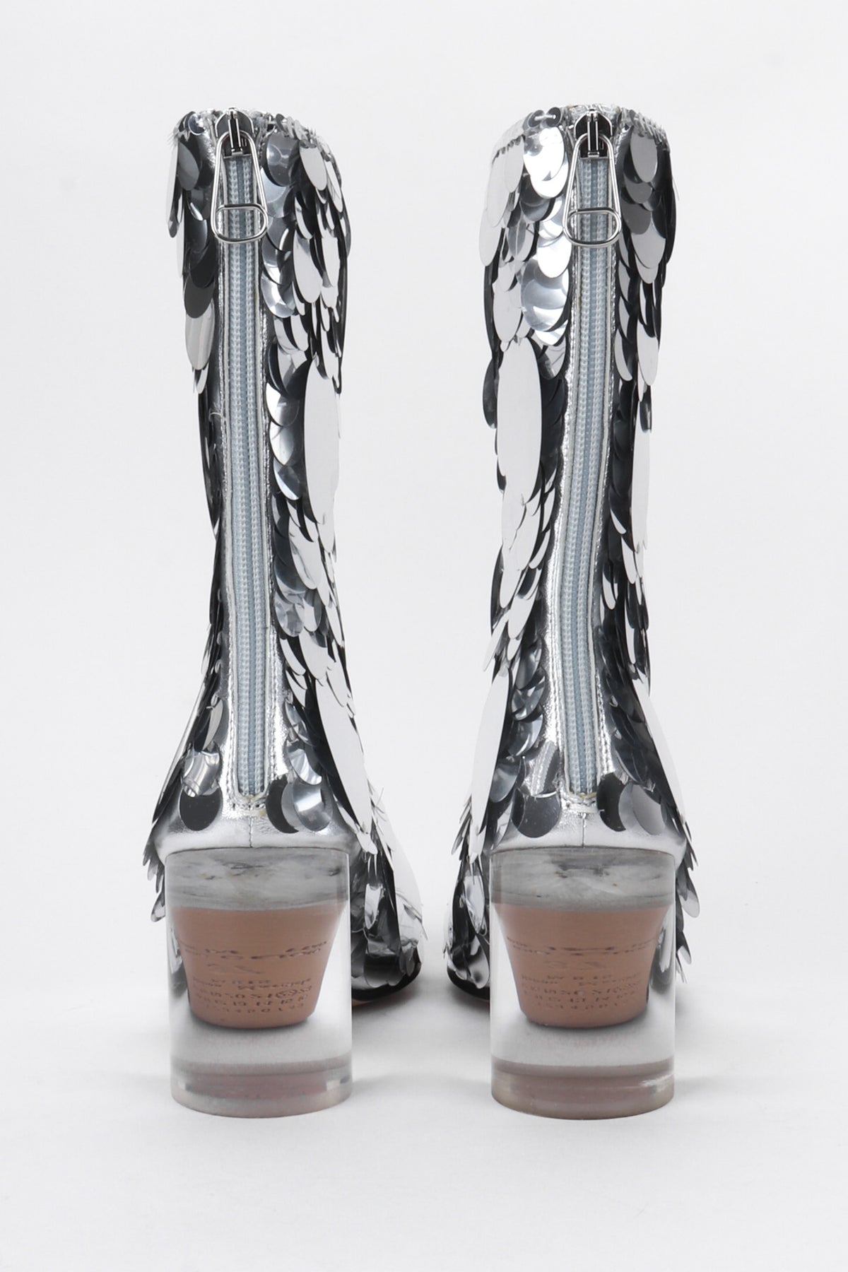 Maison Margiela Silver Sequin Vintage Paillette Lucite Boots Recess