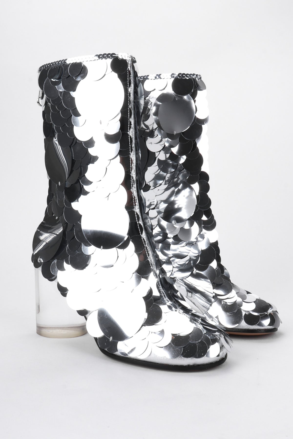 Maison Margiela Silver Sequin Vintage Paillette Lucite Boots Recess