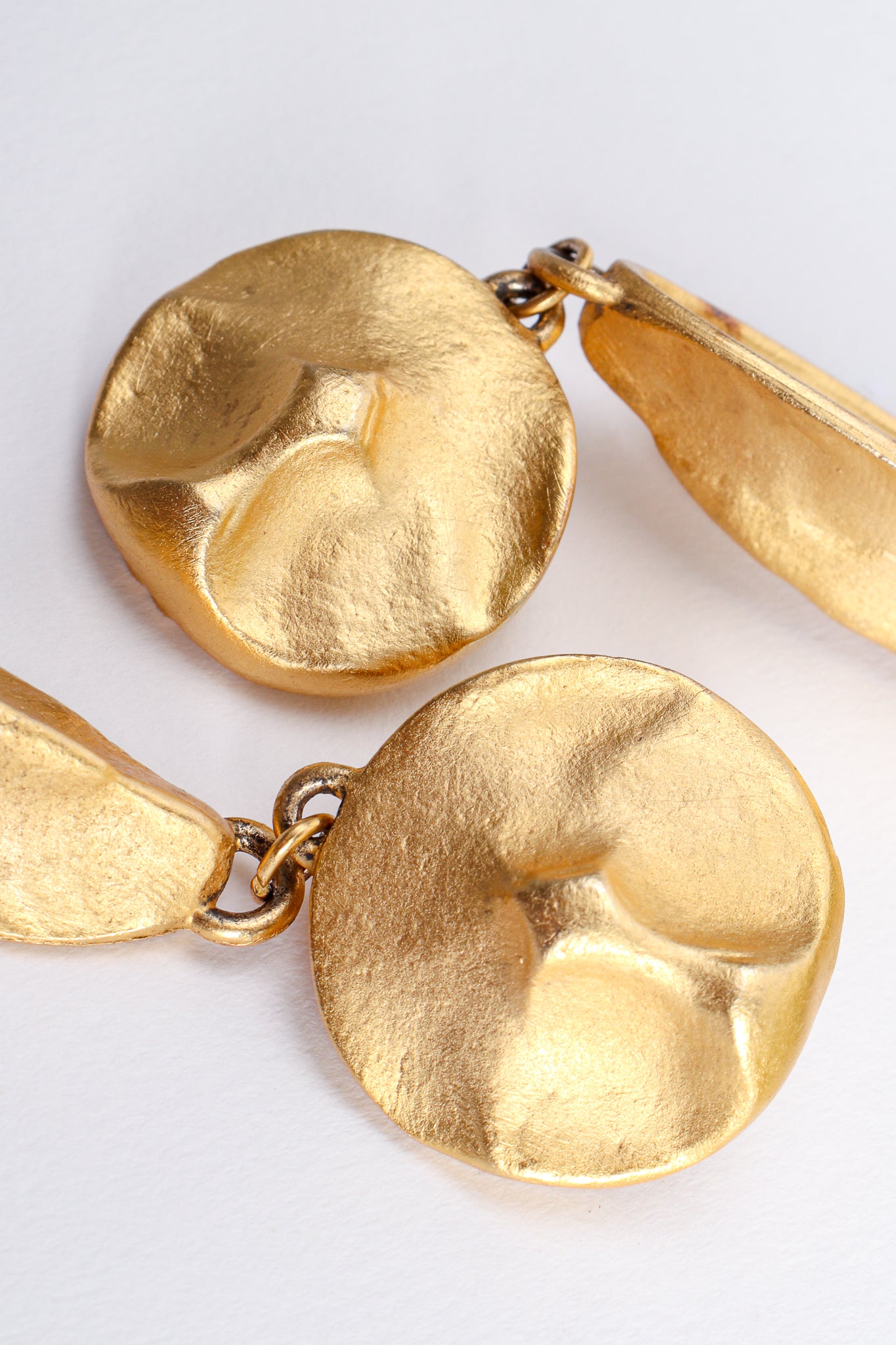 Vintage F. Mancini Matte Gold Sculpted Leaf Drop Earrings detail at Recess Los Angeles