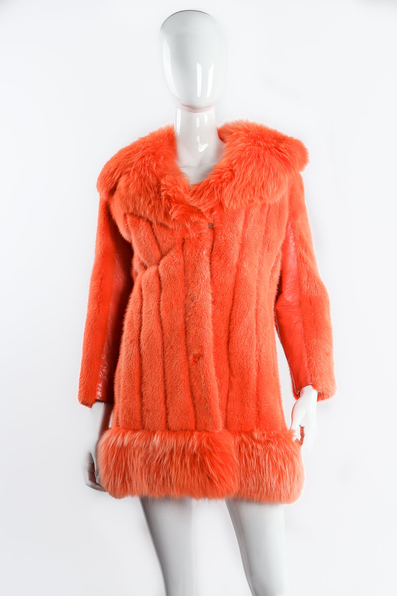 Vintage Furs by Mannis Coral Sherbet Fur Coat on Mannequin front at Recess Los Angeles