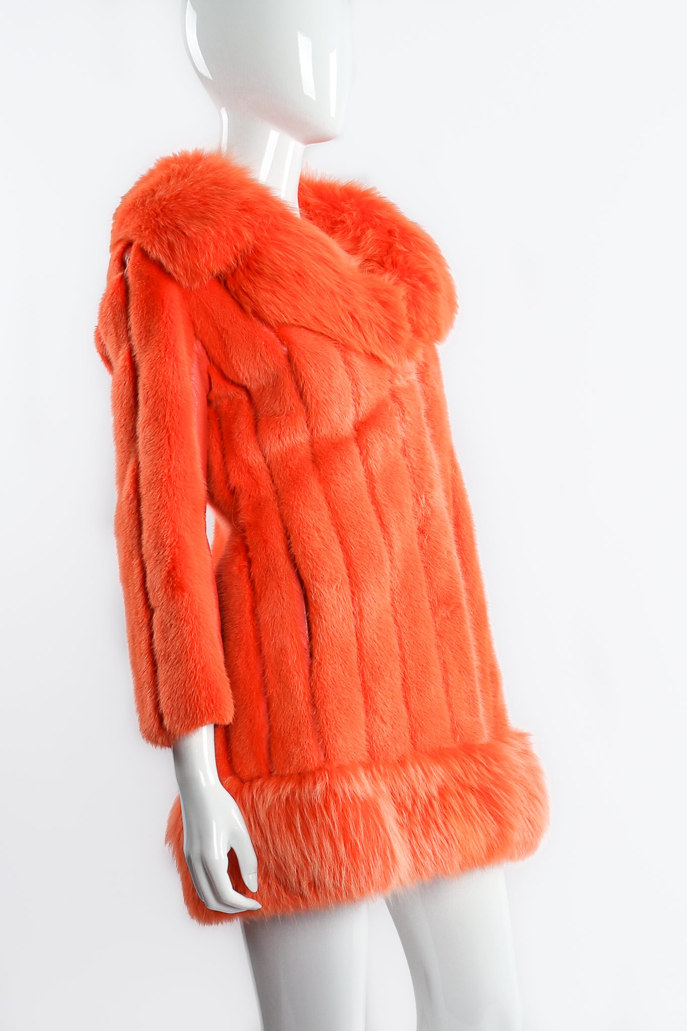 Vintage Furs by Mannis Coral Sherbet Fur Coat on Mannequin angle at Recess Los Angeles