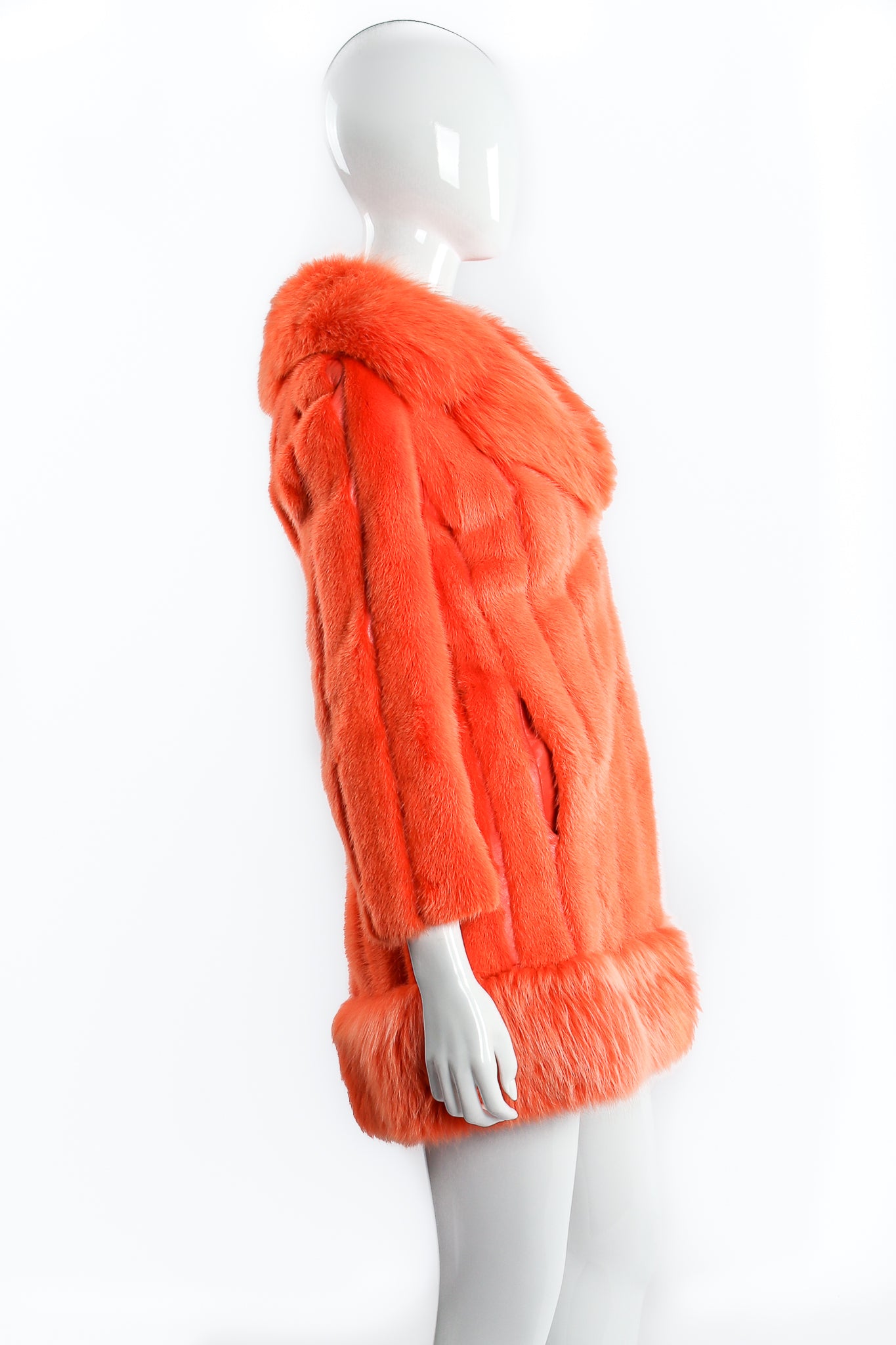 Vintage Furs by Mannis Coral Sherbet Fur Coat on Mannequin side at Recess Los Angeles