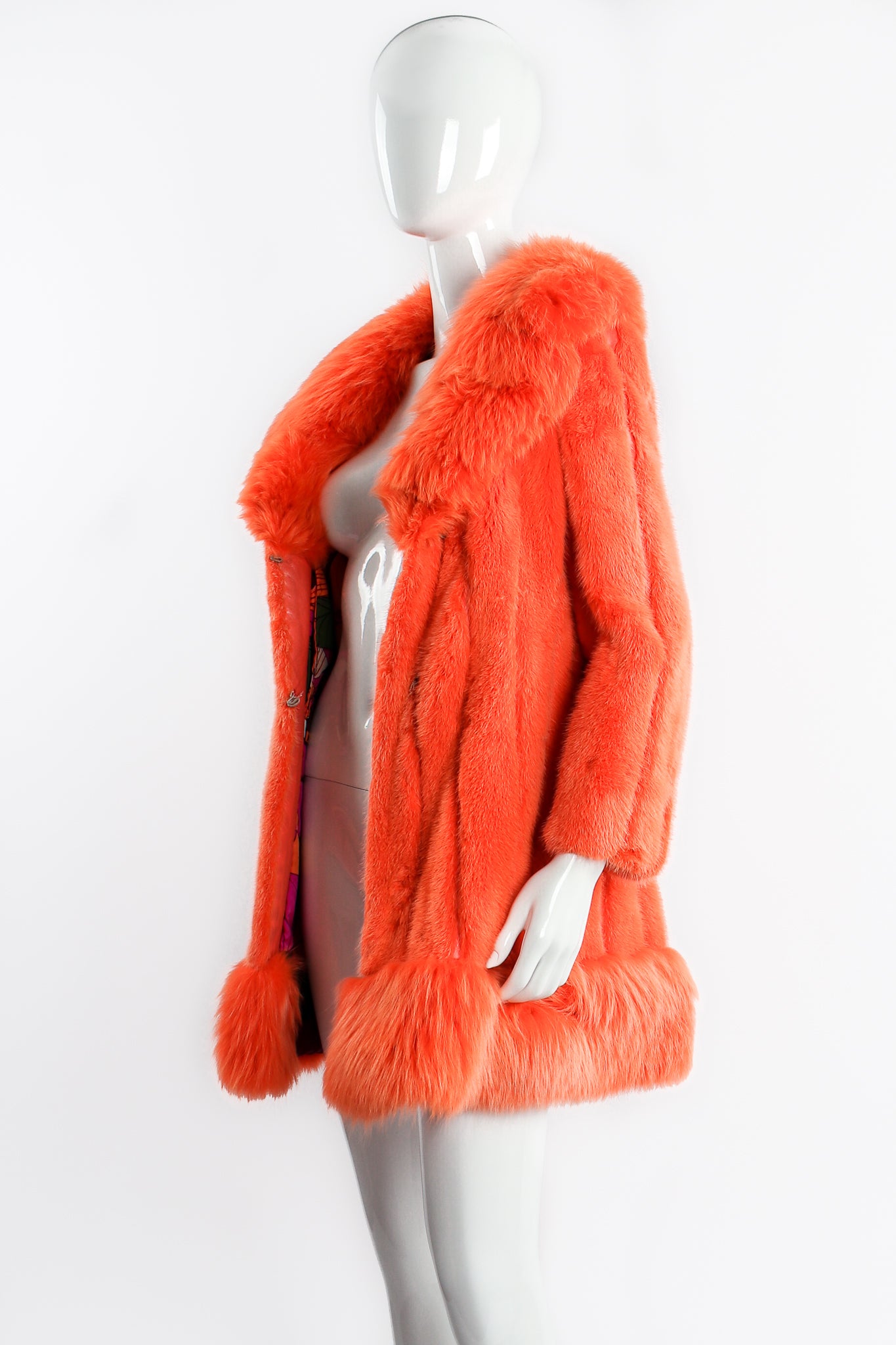 Vintage Furs by Mannis Coral Sherbet Fur Coat on Mannequin open at Recess Los Angeles