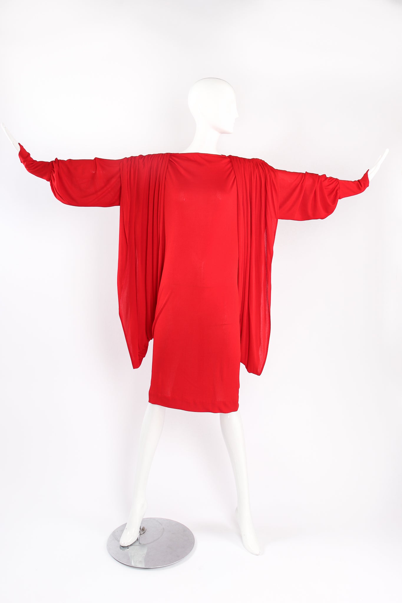 Vintage Marc Bouwer Draped Cape Sleeve Dress on Mannequin front at Recess Los Angeles