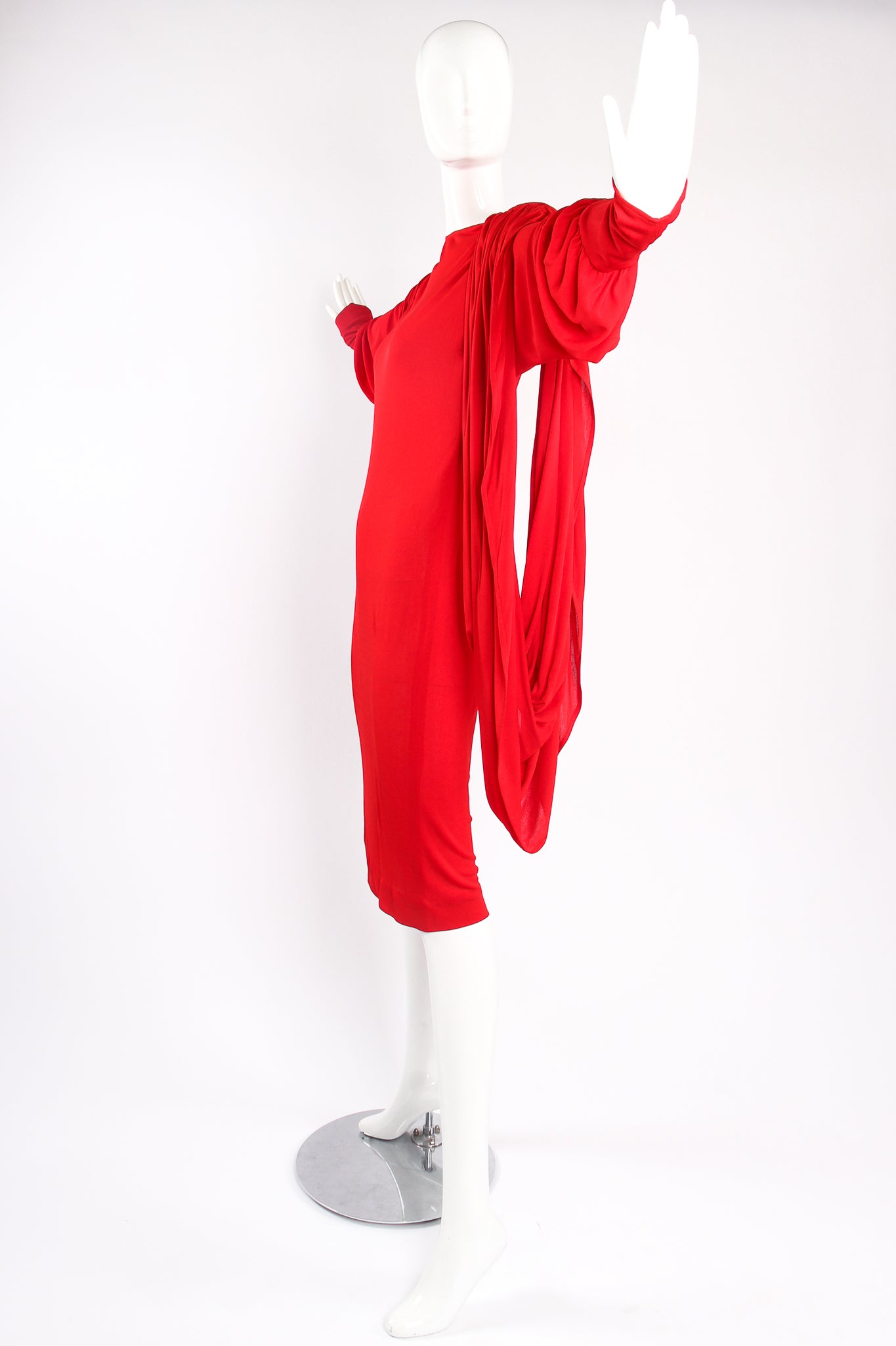 Vintage Marc Bouwer Draped Cape Sleeve Dress on Mannequin side at Recess Los Angeles