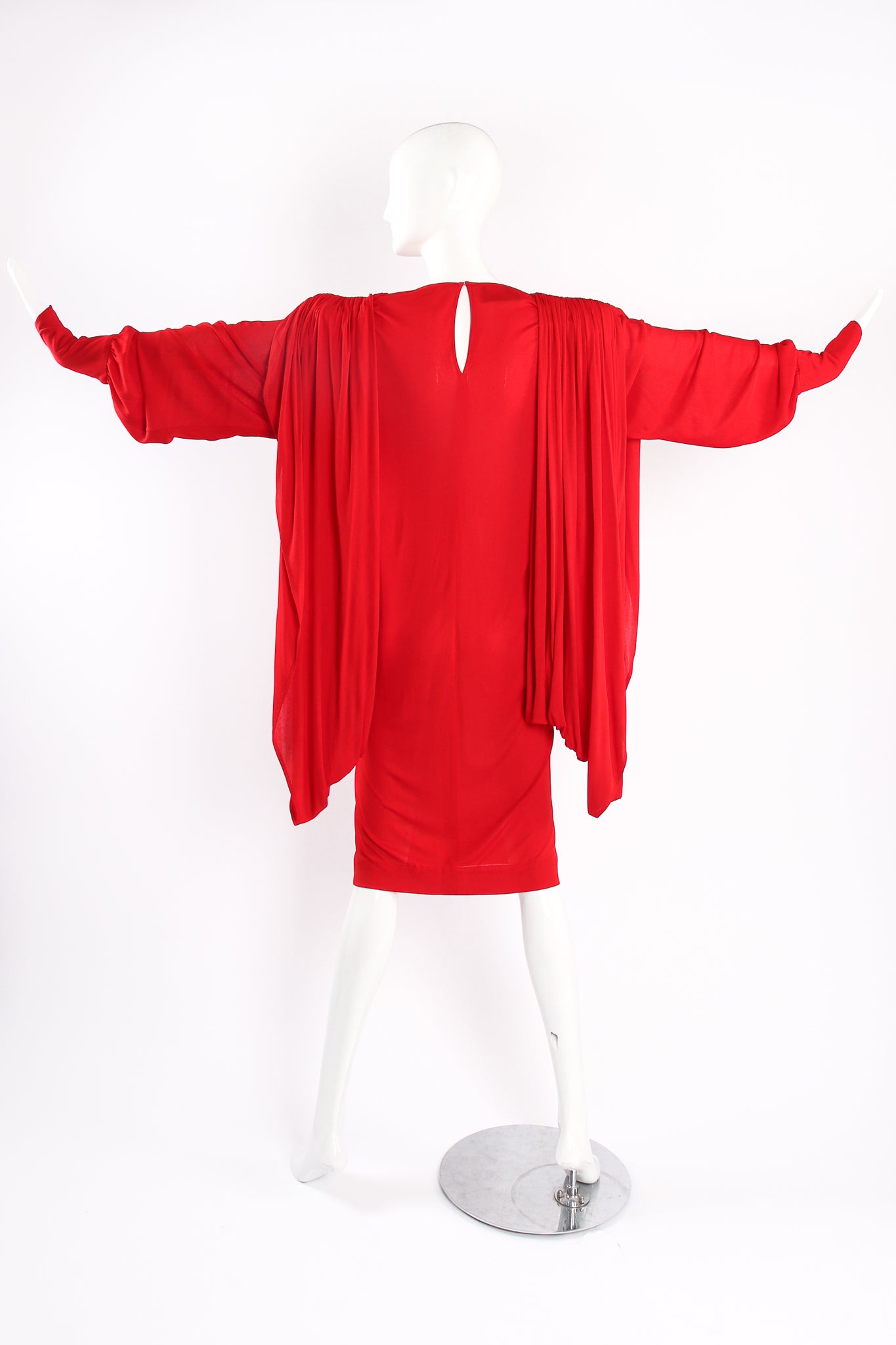 Vintage Marc Bouwer Draped Cape Sleeve Dress on Mannequin back at Recess Los Angeles