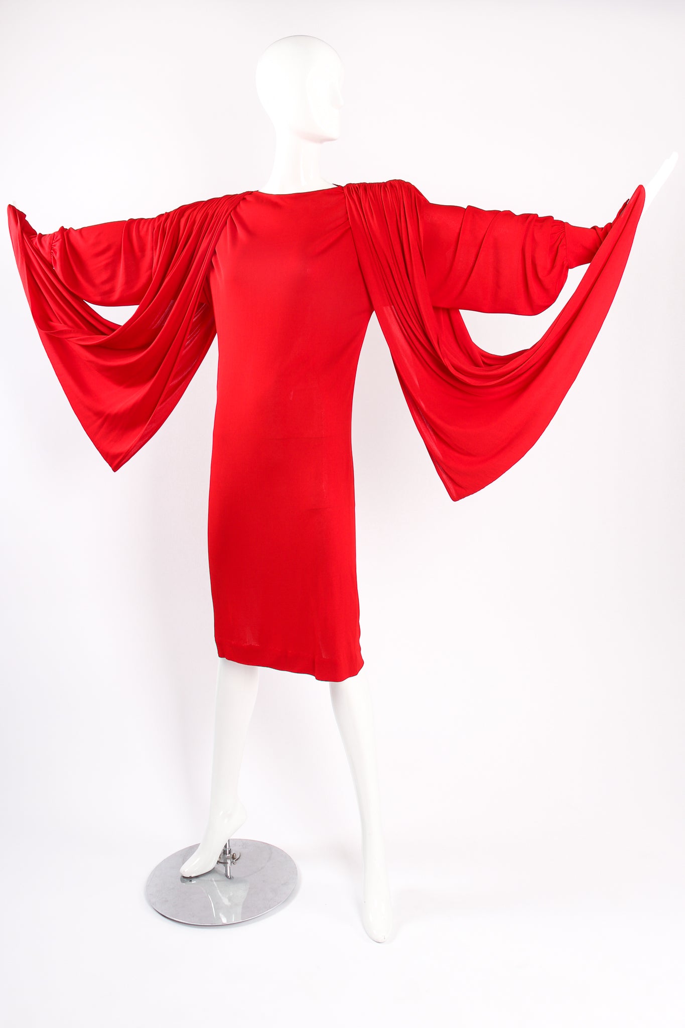 Vintage Marc Bouwer Draped Cape Sleeve Dress on Mannequin extend at Recess Los Angeles