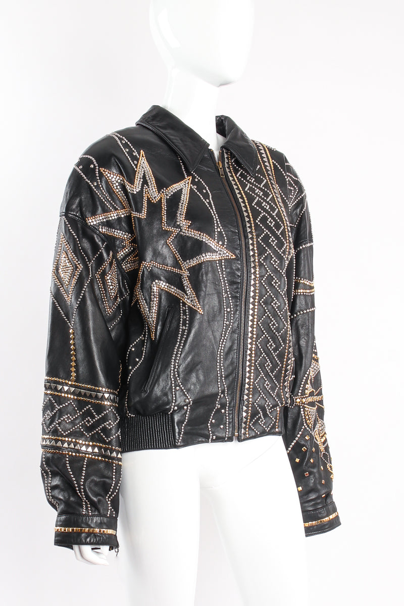 Vintage Pelle Pelle Marc Buchanan Compass Studded Leather Jacket on mannequin angle at Recess LA