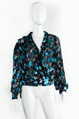 Vintage Marcy & Co. Sheer Silk Metallic Velvet Polka Dot Wrap Blouse on Mannequin Front at Recess