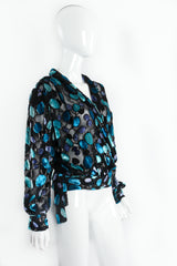 Vintage Marcy & Co. Sheer Silk Metallic Velvet Polka Dot Wrap Blouse on Mannequin Angle at Recess