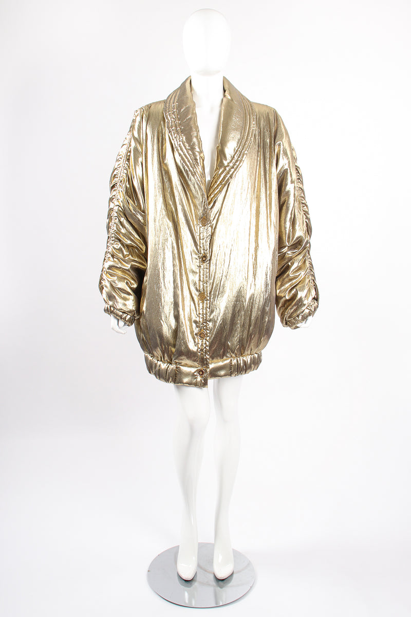 Vintage Maréna Maréna Inc Metallic Lamé Golden Puffer Coat on Mannequin front at Recess LA