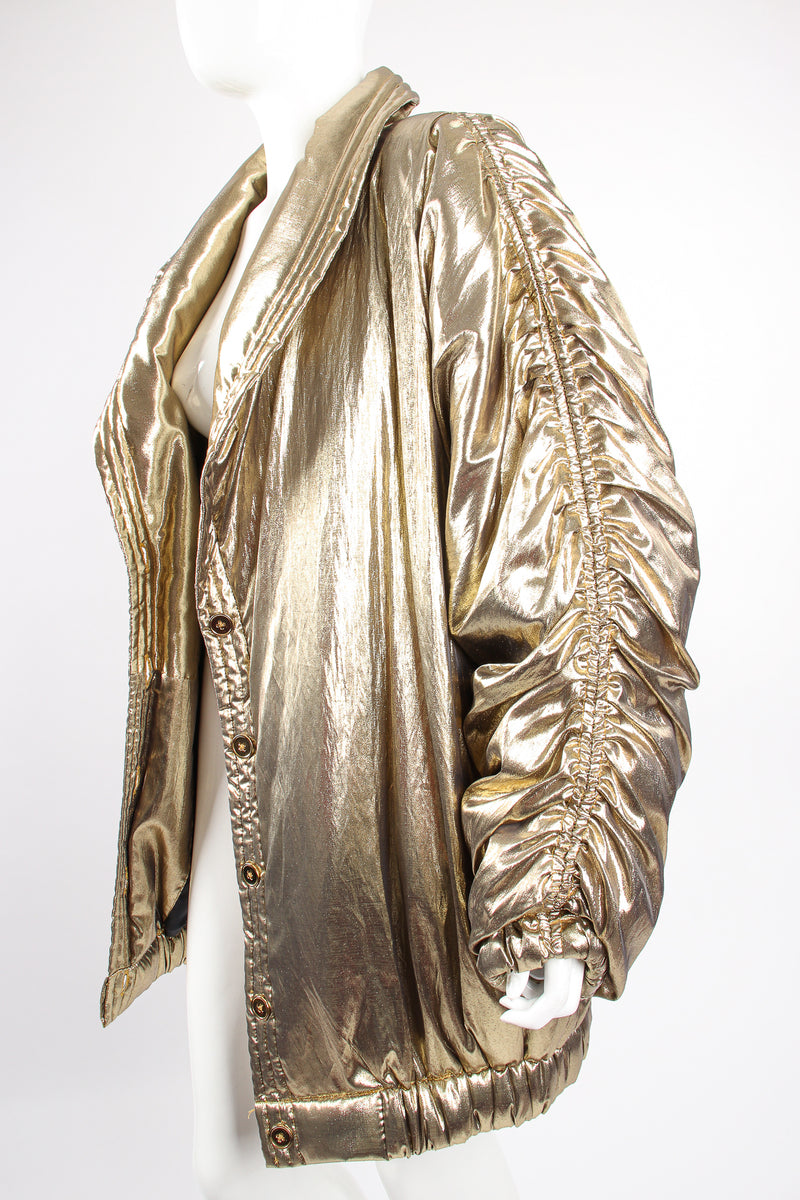 Vintage Maréna Maréna Inc Metallic Lamé Golden Puffer Coat on Mannequin side sleeve at Recess LA