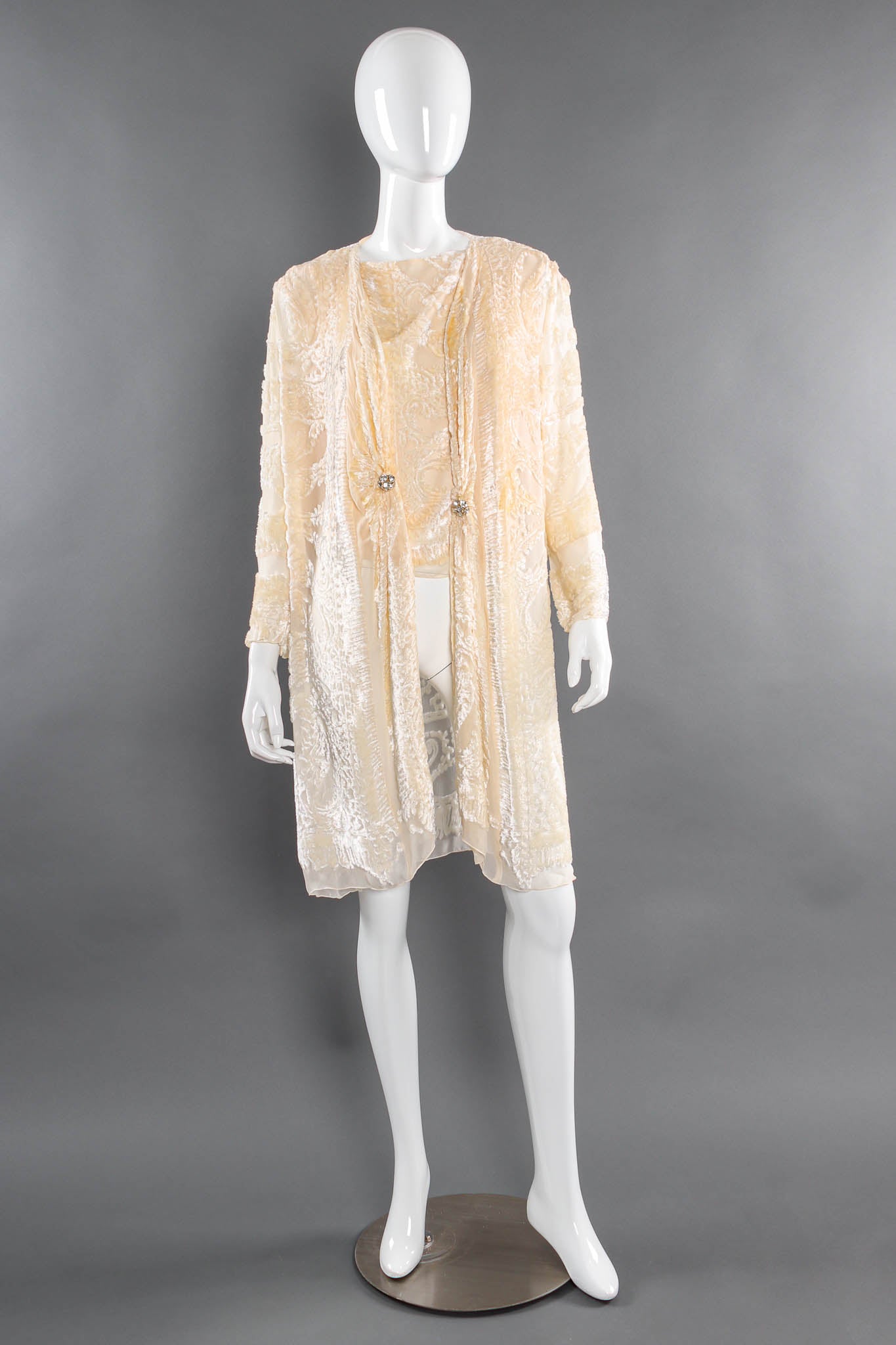 Vintage Marian Clayden Paisley Floral Silk Duster & Top Set mannequin front @ Recess Los Angeles